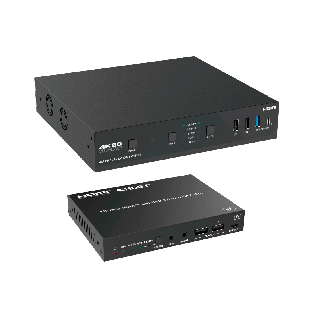 Набор из презентационного коммутатора 2xHDMI 2.0 и 2xUSB-C в HDMI 2.0 и HDBaseT, с USB 2.0 KVM, деэмбеддером, Dante и приемника HDBaseT, до 70м, Prestel SWHC-PU4K42MVS