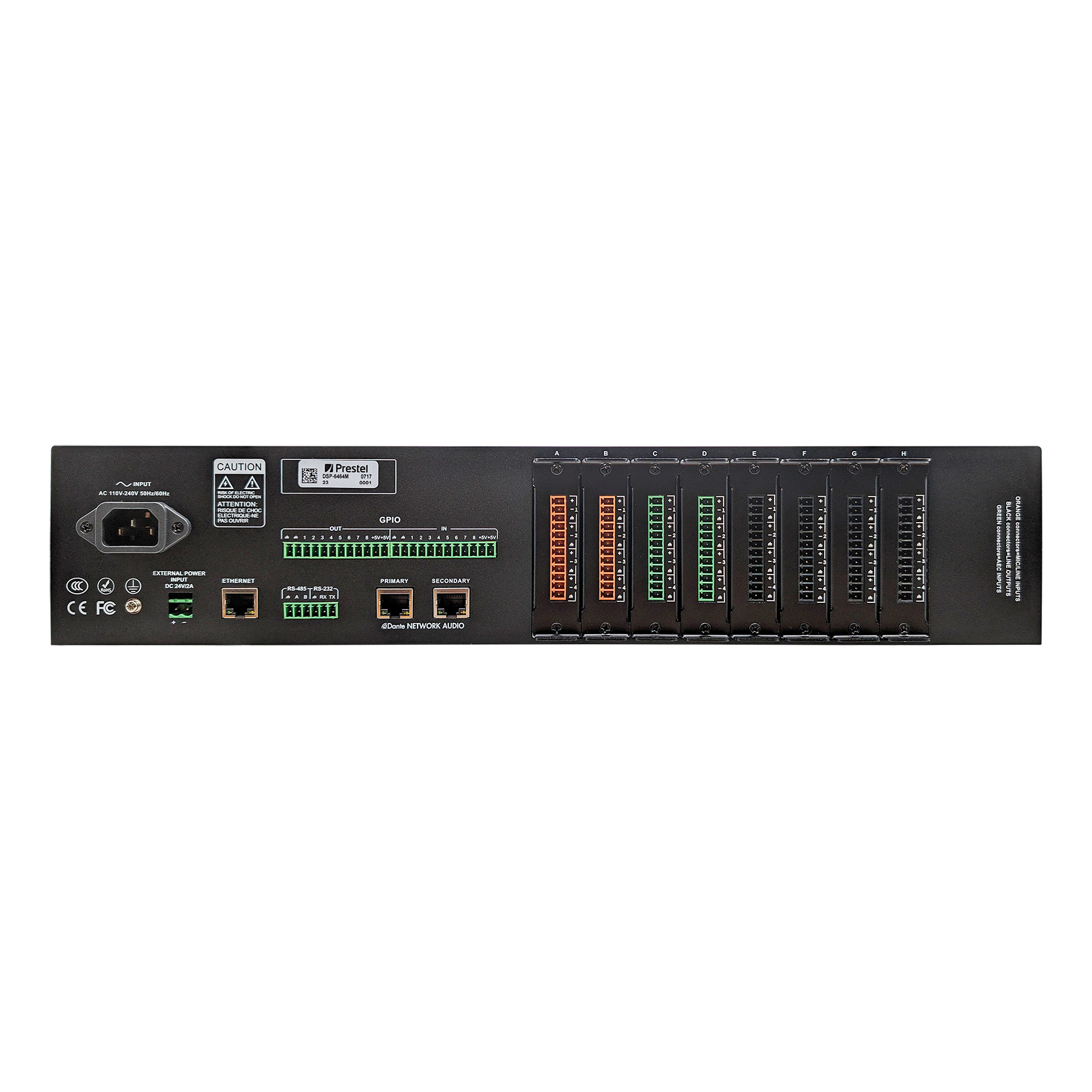 Модульный аудиопроцессор Dante и аналоговое аудио, 16x16 каналов, Prestel DSP-6464M