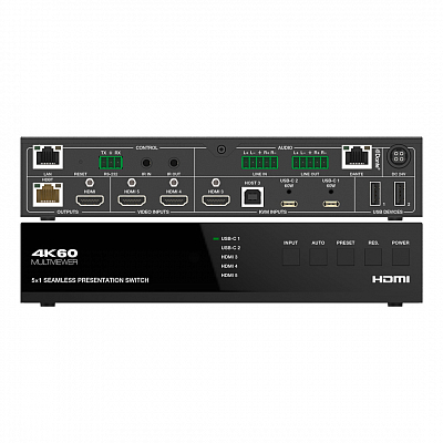 Набор из презентационного коммутатора 5x1 4K60 и приемника HDBaseT 3.0, Prestel SWHC-PU4K51MVS