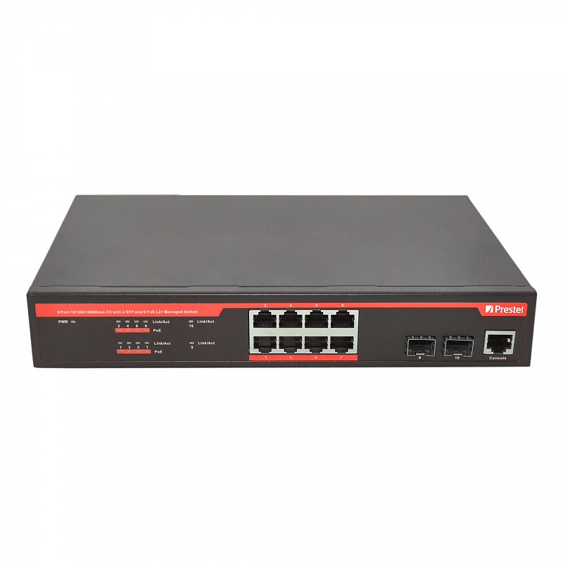 Управляемый 8-портовый сетевой коммутатор PoE L2+ 270 Вт, Prestel NS2-8C1-270P-2F1: купить в Москве