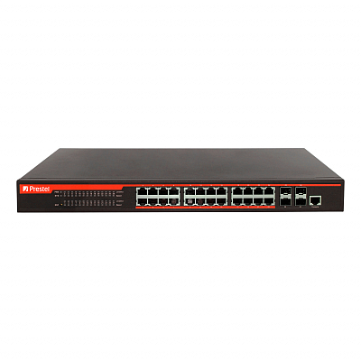 Управляемый 24-портовый сетевой коммутатор PoE L3 450 Вт Prestel NS3-24C1-450P-4F10