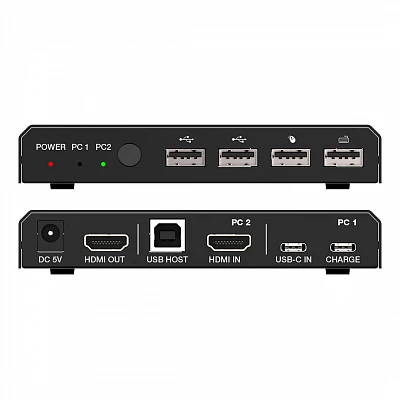 Переключатель KVM, HDMI 2.0b 2x1, USB-C DisplayPort Alternate Mode, USB 2.0, Prestel KVM-4K21HC